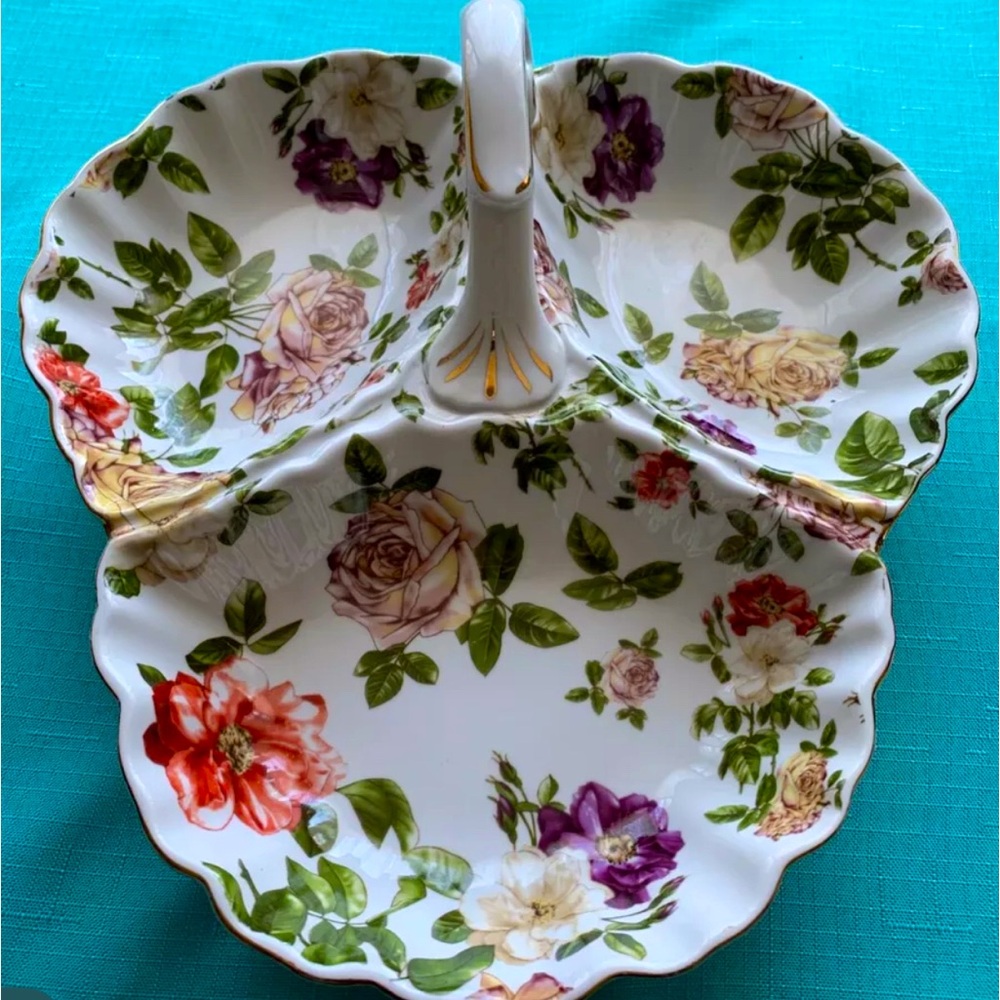 Royal Danube Floral Serving Candy Dish 3 Sections With Handle Gold Trim